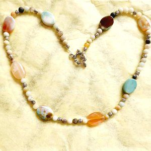 New Necklace Hand made in USA 19" flat beads Med heavy green brown Great beads